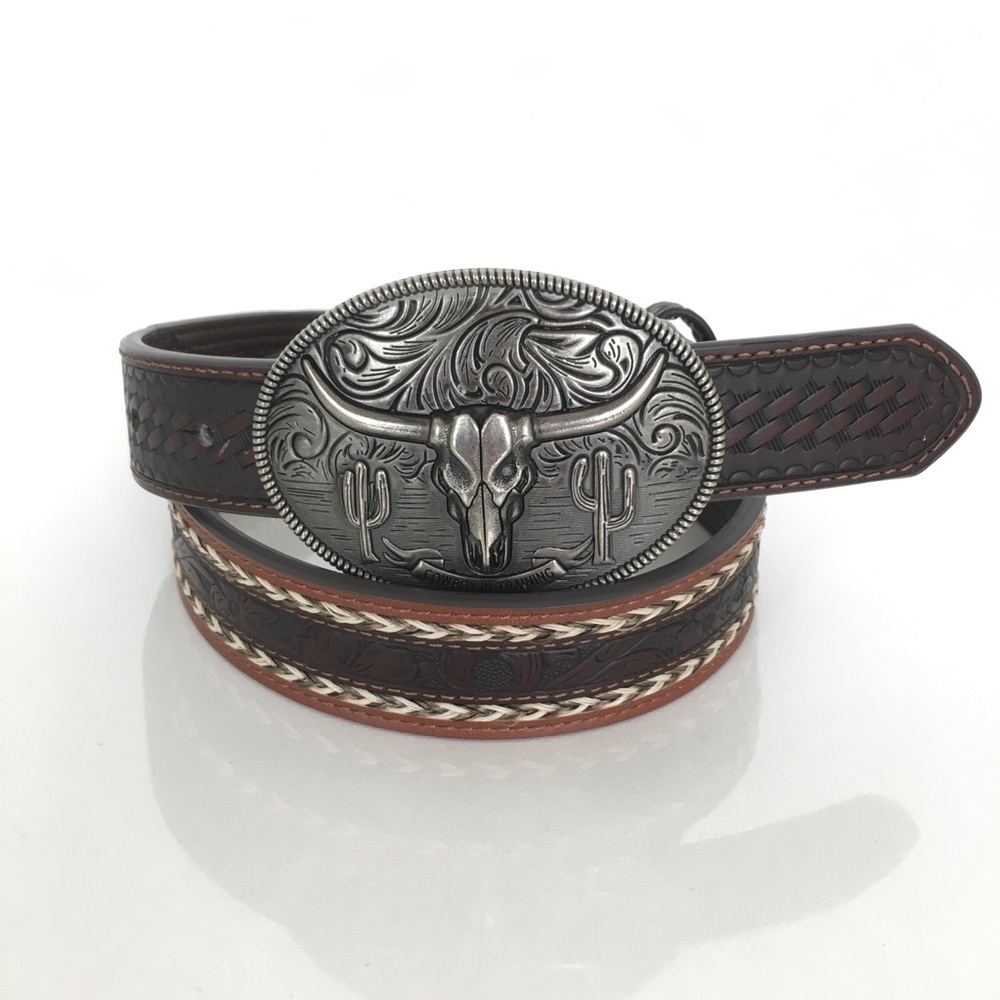 Cody James Bulls Head Buckle & Boys Tooled Leather Belt With Braided Horse Hair